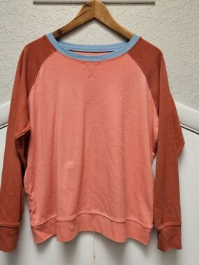 Eddie Bauer Coral Crewneck with Rust Raglan Sleeves and Light Blue Trim